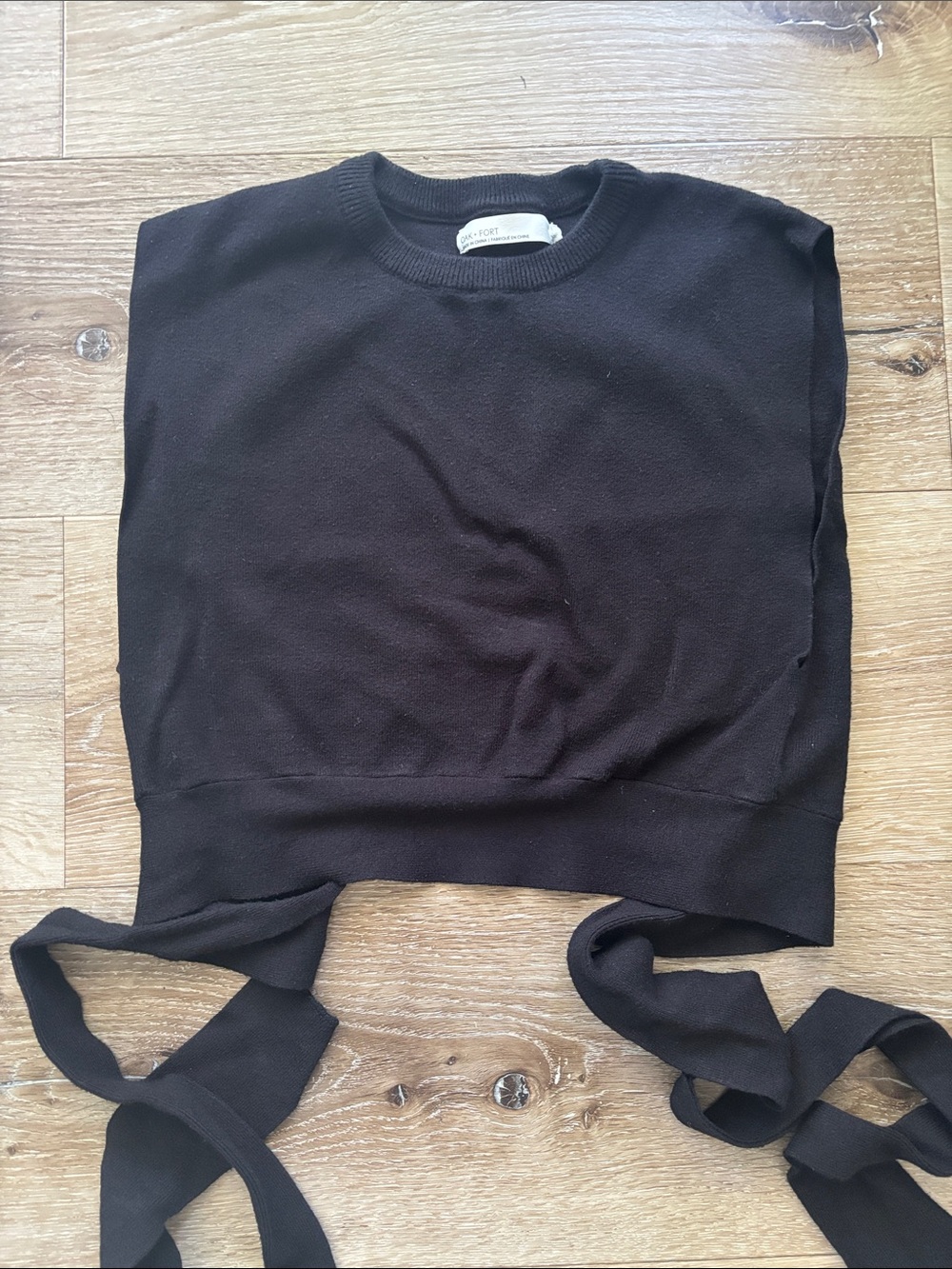 OAK + FORT Black Crewneck Knit  cropped top with tie on the back
